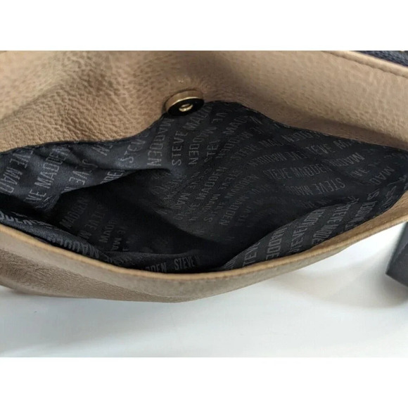 Steve Madden Crossbody Bag Tan Purse Fringe Detail Black Strap Gold Tone NEW - Picture 7 of 11